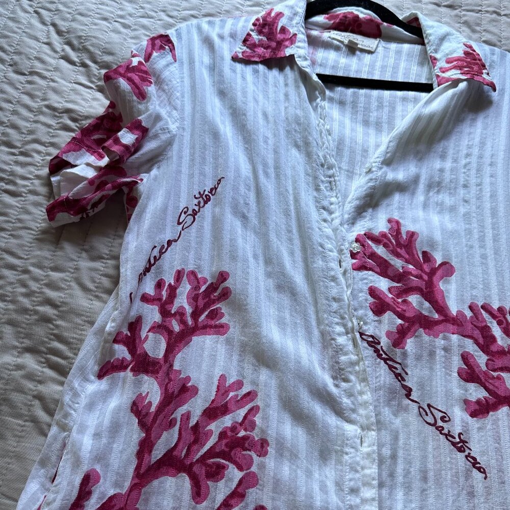 Antica Sartoria Dress, Robe, White Coral Pink Tropical Blouse Shirt Top Beach M